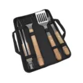 Stainless steel BBQ tool set with wooden handles, 4-piece outdoor grilling kit with bag. - Fork, Shovel, Tong & Brush (4-Piece Beechwood Set in Oxford Bag)