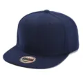 Detail shot of classic navy blue flat brim snapback baseball hat, casual streetwear style. - Adults / Solid Navy