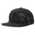 Close-up detail of the black hip-hop cap showcasing embroidered letter R and rebel text print. - Adjustable / R-Black & Grey