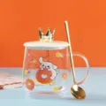 Cute cartoon glass mug with crown lid and gold spoon, heat-resistant coffee water cup. - White Rabbit Mug with Lid & Spoon