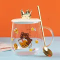 Clear heat-resistant glass cup with cute bear print, crown lid, and spoon for drinks. - Brown Bear Mug with Lid & Spoon