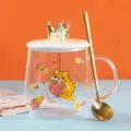 Cute glass coffee mug with crown lid and gold spoon, cartoon dog pattern and scale. - Yellow Puppy - Cup + Lid + Spoon