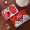 Christmas ceramic mug gift set with warmer, spoon and festive gift box for holiday present. - Red Mug with Warmer Pad & Christmas Gift Box