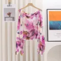 Detailed view of women's summer floral print pullover shawl, lightweight stylish layering top. - Style 3