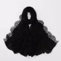 Details of the black chiffon hijab scarf with elegant eyelash lace trim for comfortable wear. - Black
