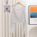 Elegant white chiffon shawl featuring black polka dots, perfect for summer sun protection. - Style 1
