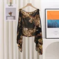 Elegant floral print sheer sun protection poncho with delicate white pearl bead details - Style 9