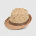 Summer straw fedora hat for men, stylish checkered woven beach sun hat with striped band. - Khaki