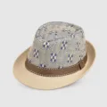 Summer short brim straw hat for men, blue woven geometric pattern fedora with striped band. - Navy Blue