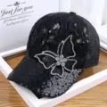 Gorra de beisbol con mariposa de diamantes de imitacion mujer lentejuelas encaje verano - Negro