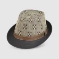 Summer sun straw fedora hat detail view, woven plaid crown and black brim design. - Black