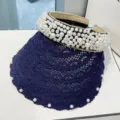 Visera de sol de encaje azul marino con perlas blancas, sombrero de playa transpirable. - Talla única / Azul Marino