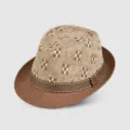 Detailed view of men's woven straw fedora hat, retro grid crown and brown brim for summer. - Coffee