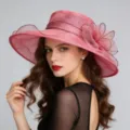 Women's pink organza sun hat large brim elegant French mesh wedding fascinator hat main - One Size / MZ2636 Rose Red
