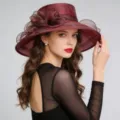 Elegant women's organza sun hat with wide brim, perfect for summer outdoor parties and weddings. - One Size / MZ2636 Wine Red