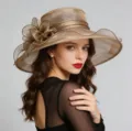 Women Organza Sun Hat Champagne Large Brim French Fedora Summer Beach Breathable Sunshade - One Size / MZ2636 Khaki
