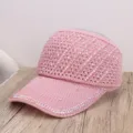 Gorra de visera solar de punto rosa con pedrería, diseño hueco transpirable para verano. - 55-59 (Ajustable) / Rosa