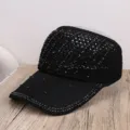Gorra visera negra tejida calada con pedrería, sombrero de verano transpirable al aire libre. - 55-59 (Ajustable) / Negro