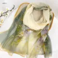 Women's Floral Silk Scarf Elegant Green Chiffon Shawl Sunscreen Beach Wrap Spring Summer - RY-19
