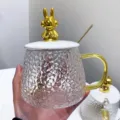 Hammered glass coffee mug with cute gold bear lid, luxury water cup for office and home use. - 401-500ml / Gold Rabbit