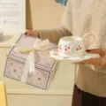 Hand-pinched ceramic breakfast coffee cup and saucer set with cherry pattern and gift box. - 270ML / Pink