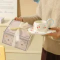Hand-pinched ceramic coffee cup and saucer set with gift box, cute cherry design for tea. - 270ML / Blue