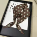 Retro brown green dot printed silk scarf with pearl buckle elegant women neckerchief - Coffee Polka Dot