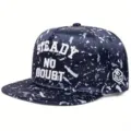 Vue detaillee de la casquette hip hop camouflage a visiere plate avec broderie. - Réglable / Bleu