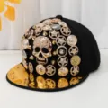 Cappellino da baseball nero con teschio in metallo dorato e bottoni barocchi punk, hip hop. - Stile teschio 1