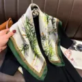 Elegant silk square scarf with botanical green print and dark green border for women - RY-16