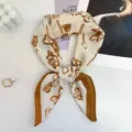 Retro French vintage floral chain print small square scarf silk neckerchief detail shot. - Bow Flower Rice Khaki
