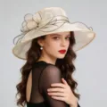 Women wide brim organza sun hat elegant French style sheer mesh dress hat for summer outdoor - One Size / MZ2636 Beige