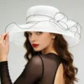 White Organza Sun Hat, Large Brim French Fedora Hat for Women Summer Beach Sun Protection - One Size / MZ2636 White
