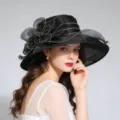 Black organza sun hat for women, large brim French mesh beach hat and summer UV protection. - One Size / MZ2636 Black