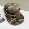Camouflage flat brim baseball cap with cute embroidered cartoon apple design for summer outdoor style. - 56-60cm / Camo Army Green