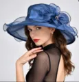 Elegant blue organza sun hat with wide brim, perfect for summer outdoor events and weddings. - One Size / MZ2636 Navy Blue