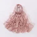 Pink chiffon hijab scarf featuring delicate white eyelash lace trim detail and soft drape. - Lotus Pink