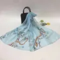 Foulard long mousseline bleu clair motif floral plage été châle protection solaire femme - SH-4