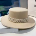 Femme vintage laine chapeau plat blanc cassé élégante chaîne de perles canotier fedora chic - M (56-58cm) / Beige