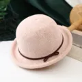 Sombrero de punto rosa con lazo marrón, sombrero de sol para mujer con ala pequeña. - Ajustable / Sombrero de chenilla con borde enrollado rosa para otoño e invierno