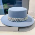 Cappello piatto in lana azzurro con elegante catena di perle stile retrò britannico chic - M（56-58cm） / Azzurro
