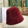 Winter wine red velvet bucket hat for women, casual soft plush warm basin hat daily wear. - M (56-58cm) / Chenille Short Brim Bucket Hat Wine Red FM-98