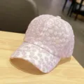 Women lace baseball cap sweet floral embroidered breathable mesh sun hat summer pink - Purple