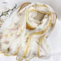 Women mulberry silk scarf spring summer floral print yellow border sun protection shawl sku - RY-16
