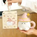 Taza de café de cerámica de duende lindo con tapa de sombrero de mago y caja. - 400ml / Taza Duende (Sombrero Rosa) / Rosa