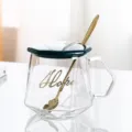 Tasse à café en verre simple avec couvercle et cuillère, tasse d'eau facettée élégante. - Couvercle Plat + Cuillère / Vert