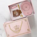 Joli coffret tasse en verre rose avec chauffe tasse et belle boite cadeau pour bureau. - Couvercle Plat + Cuillère + Boîte Cadeau Base Chauffante / Rose