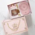 Coffret mug en verre rose avec couvercle couronne, cuillère dorée et chauffe-tasse électrique. - Couvercle Couronne + Cuillère + Boîte Cadeau Base Chauffante / Rose