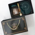 Coffret cadeau tasse en verre avec chauffe-tasse, couvercle et cuillère pour café bureau. - Couvercle Plat + Cuillère + Boîte Cadeau Base Chauffante / Vert