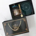 Coffret cadeau tasse à café en verre avec chauffe-tasse, couvercle et cuillère dans une boîte. - Couvercle Diamant + Cuillère + Boîte Cadeau Base Chauffante / Vert